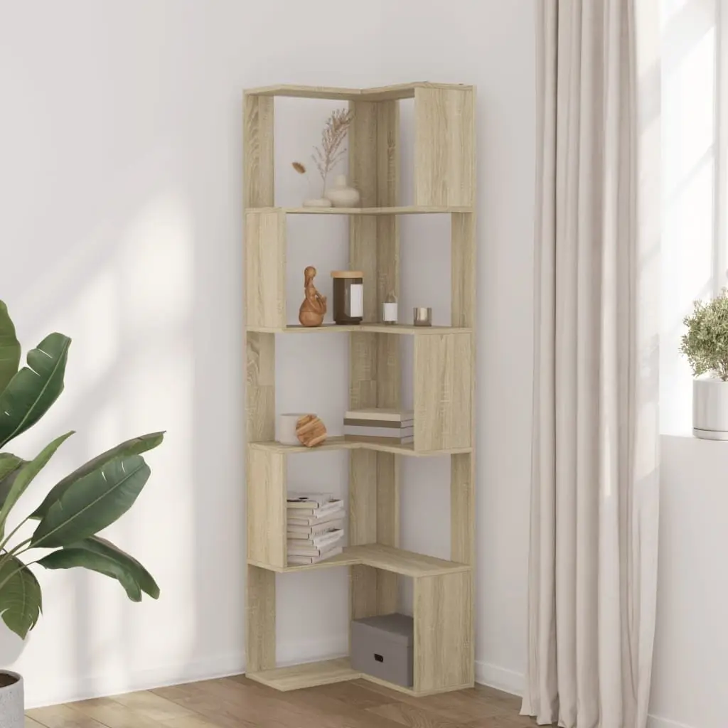 Corner Bookcase Engineered Wood 5-Tier Brown Sonoma Oak Storage Display Shelf