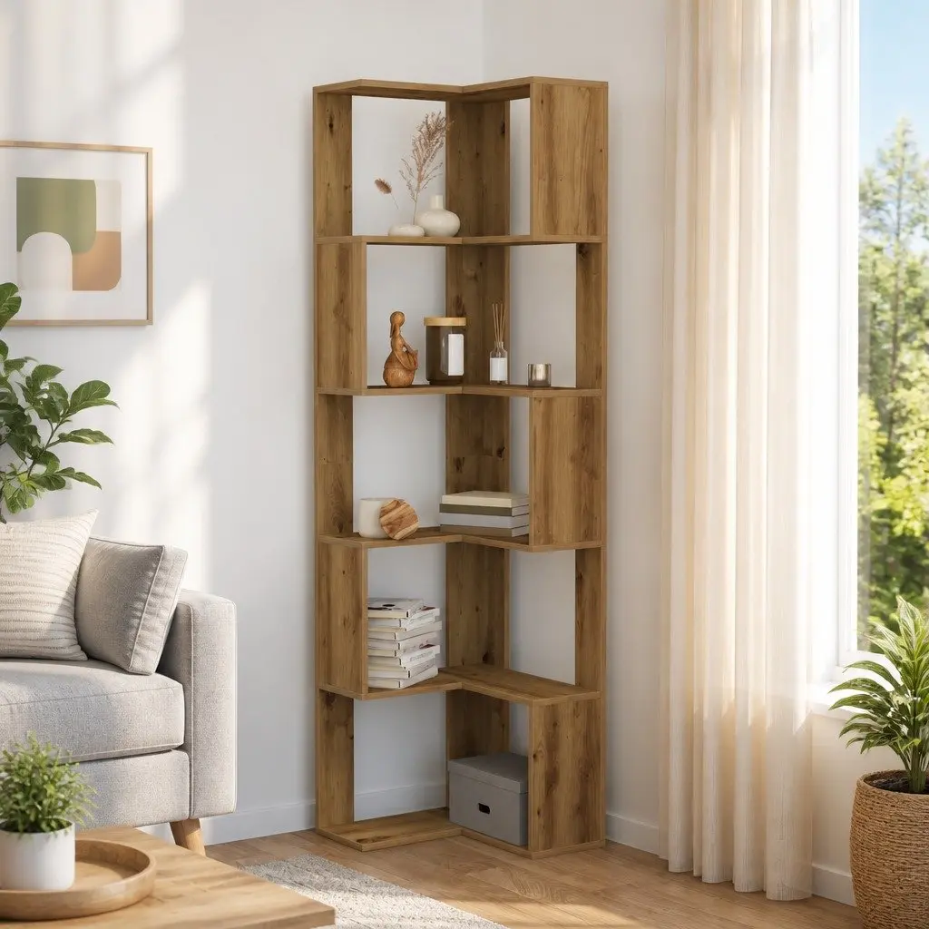 Corner Bookcase Engineered Wood 50x50x179cm Brown 5-Tier Shelving Unit