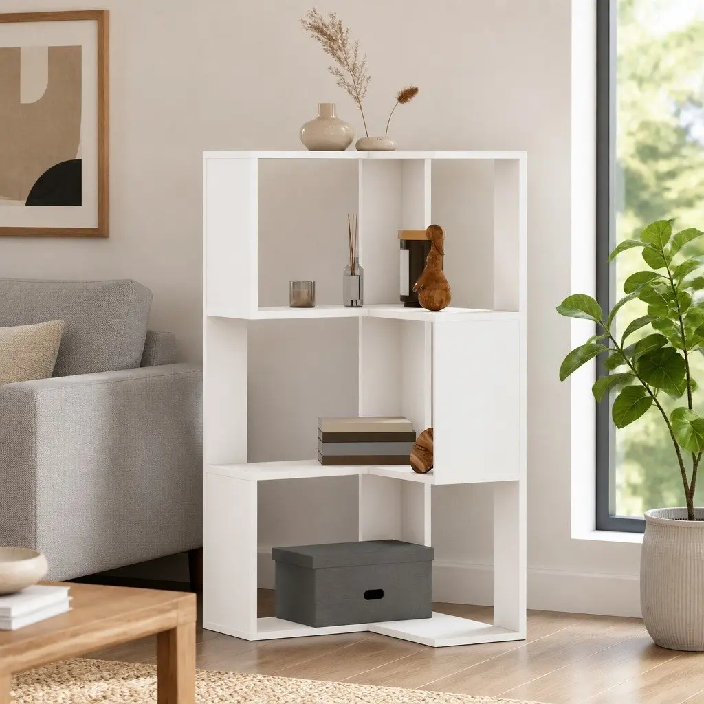 3-Tier White Corner Bookcase for Storage