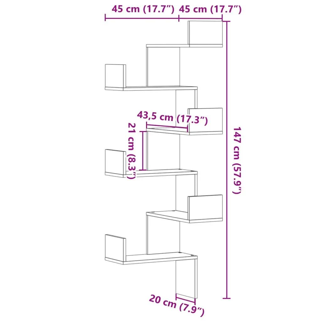 White Wall Corner Shelf 45x45x147cm for Storage