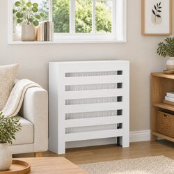 White Engineered Wood Radiator Cover with Slatted Design