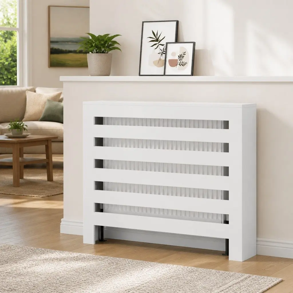 Radiator Cover Engineered Wood 104 x 20 x 82 cm White Slatted Cabinet Shelf Living Room Heater