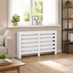 Radiator Cover White Modern Slatted Design Engineered Wood Cabinet Shelf