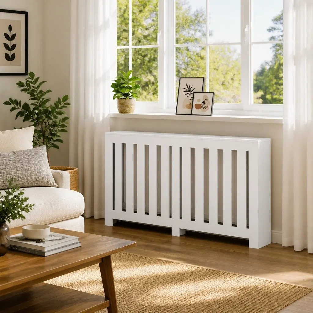Radiator Cover Engineered Wood 149 x 20 x 82 cm White Slatted Cabinet with Shelf
