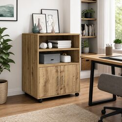 Sturdy Rolling Cabinet with Shelves and Doors in Brown