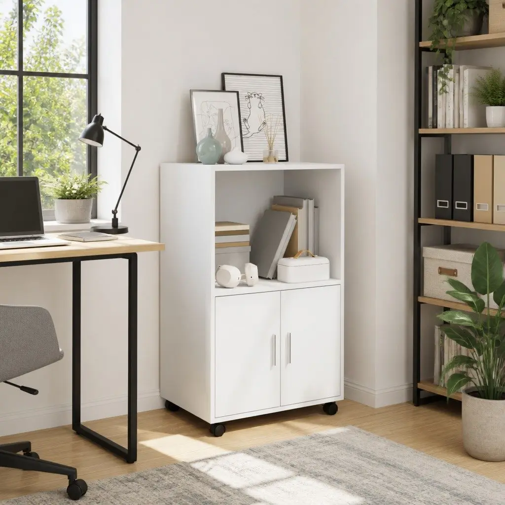 White Rolling Cabinet with Shelves and Wheels