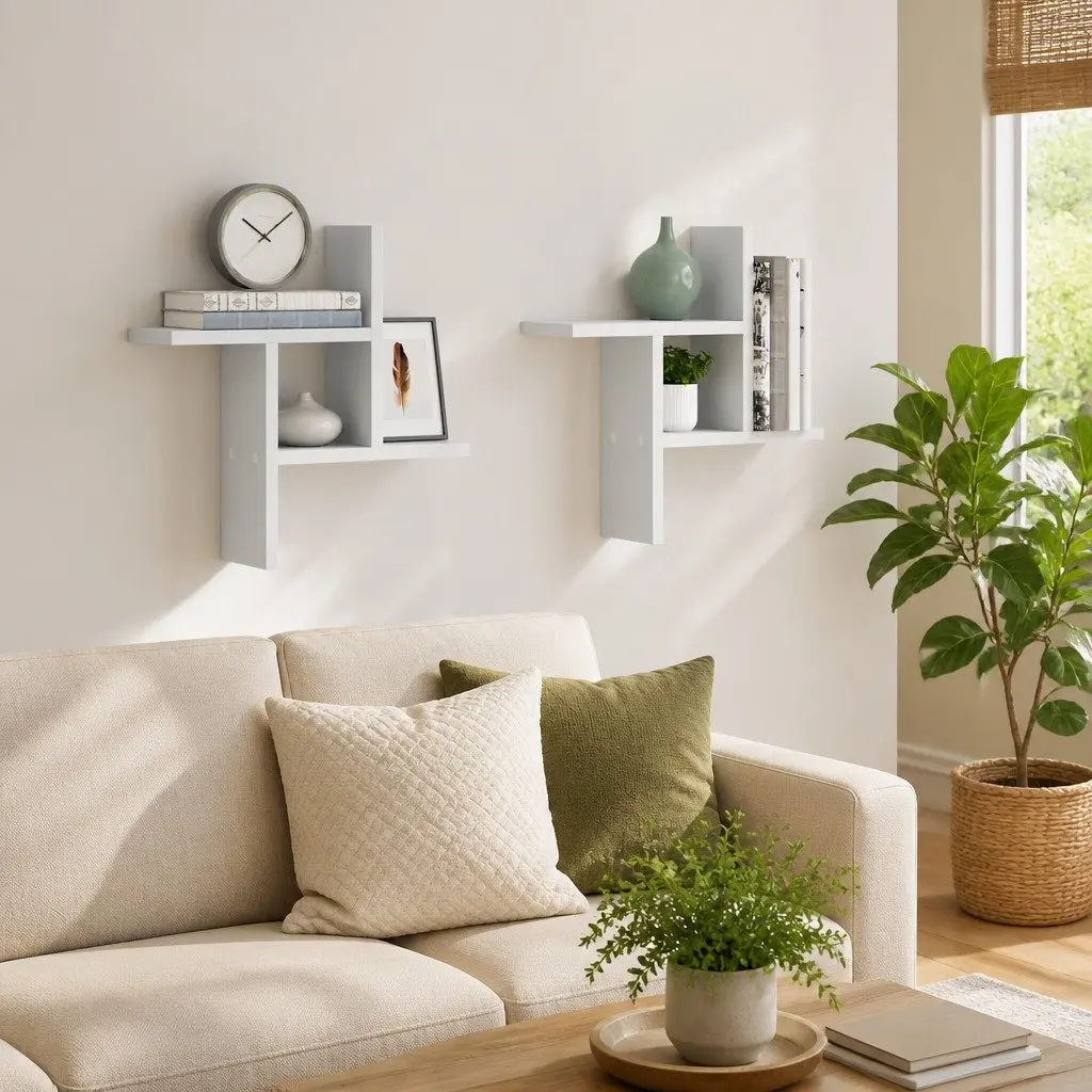 Wall Shelves Engineered Wood 38x12x38 cm White 2 Piece Floating Storage Display Shelving Unit