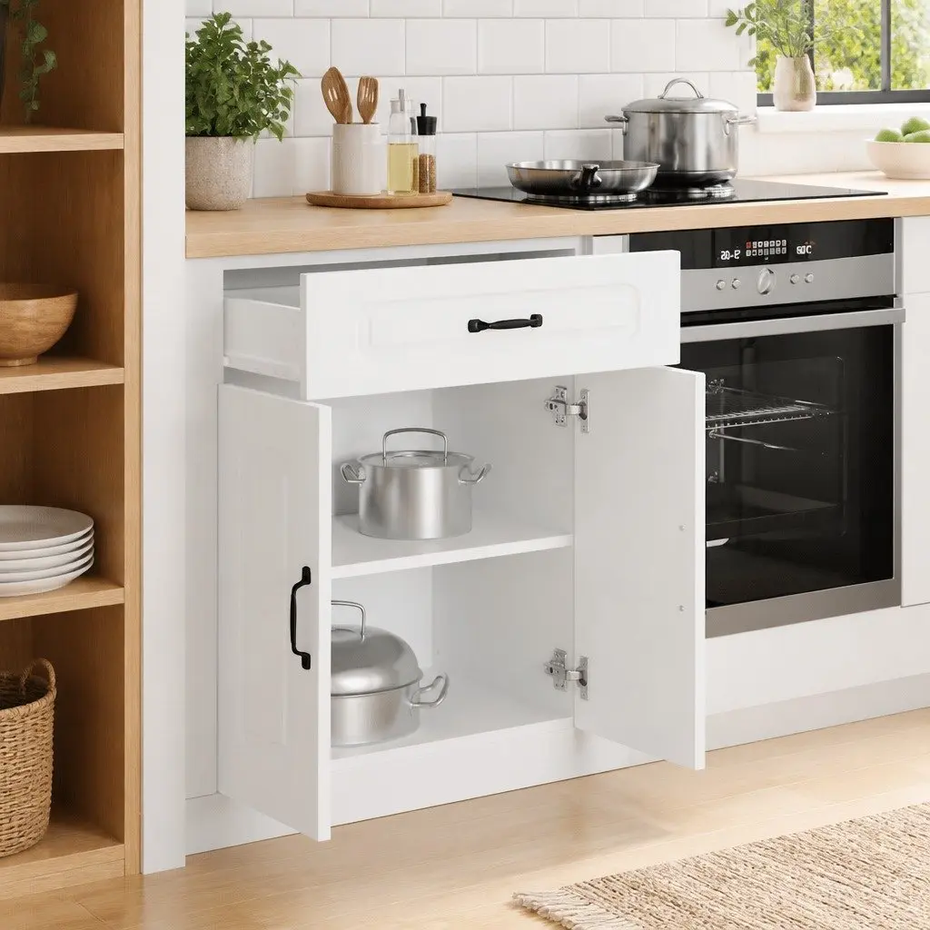 White Engineered Wood Kitchen Base Cabinet