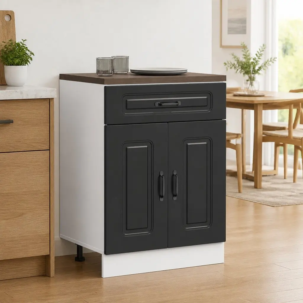 Black Engineered Wood Kitchen Base Cabinet with Adjustable Feet