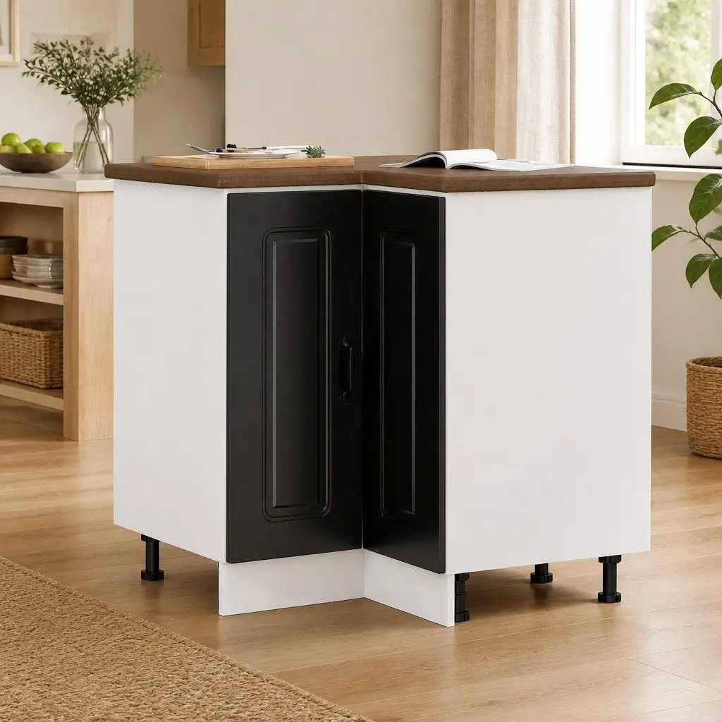 Black Engineered Wood Corner Base Cabinet