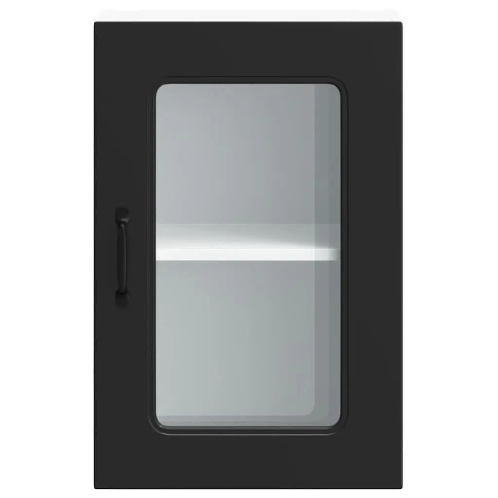 Kitchen Wall Cabinet Glass Door Storage Black Engineered Wood Organizer
