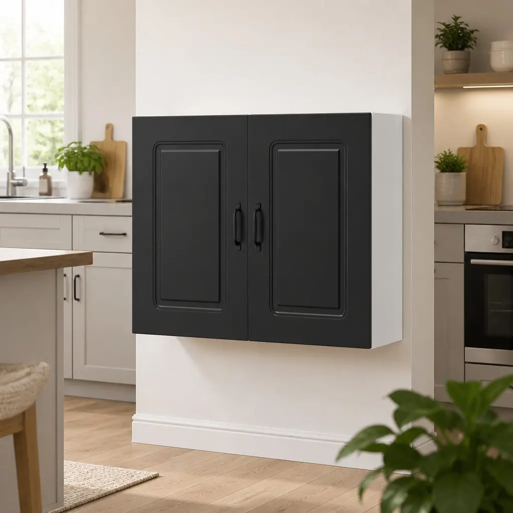 Black Engineered Wood Wall Cabinet for Kitchen