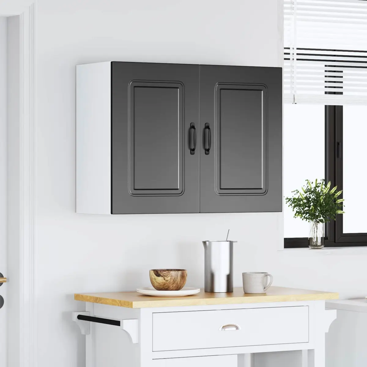 Black Engineered Wood Wall Cabinet for Kitchen
