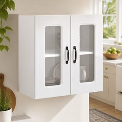 Durable White Engineered Wood Kitchen Wall Cabinet with Glass Door