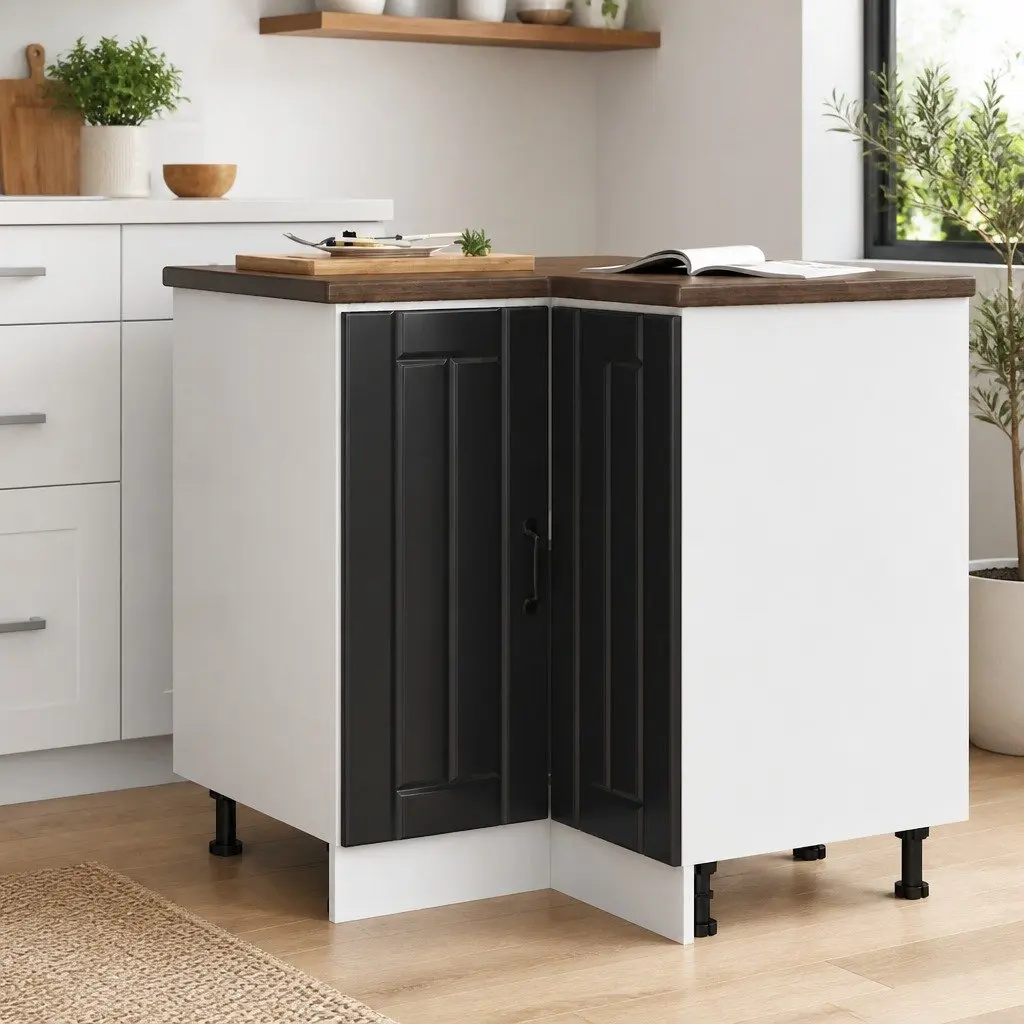 Black Engineered Wood Corner Base Cabinet