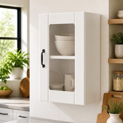 Durable White Wall-Mounted Kitchen Cabinet with Glass Door