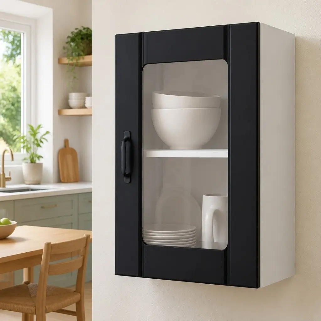 Kitchen Cabinet Engineered Wood Wall-Mounted Black Glass Door