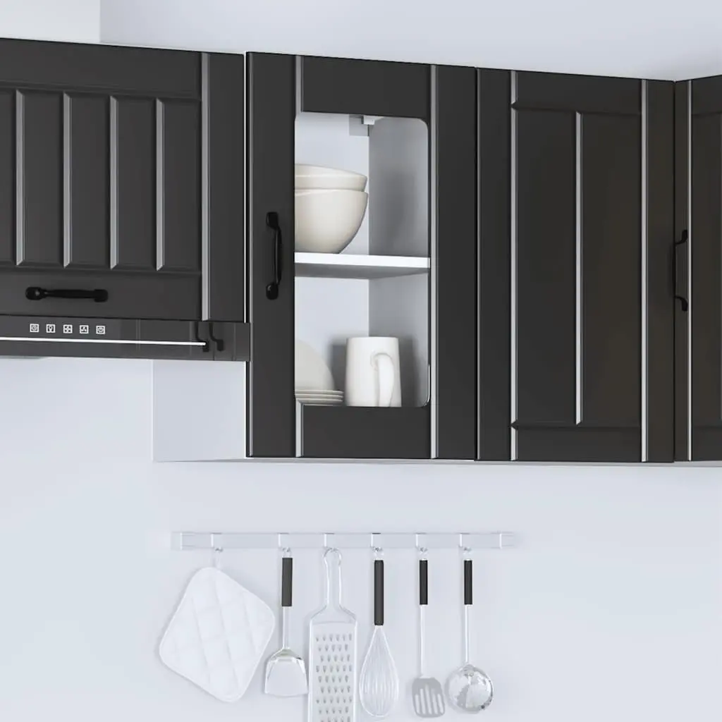 Kitchen Cabinet Engineered Wood Wall-Mounted Black Glass Door