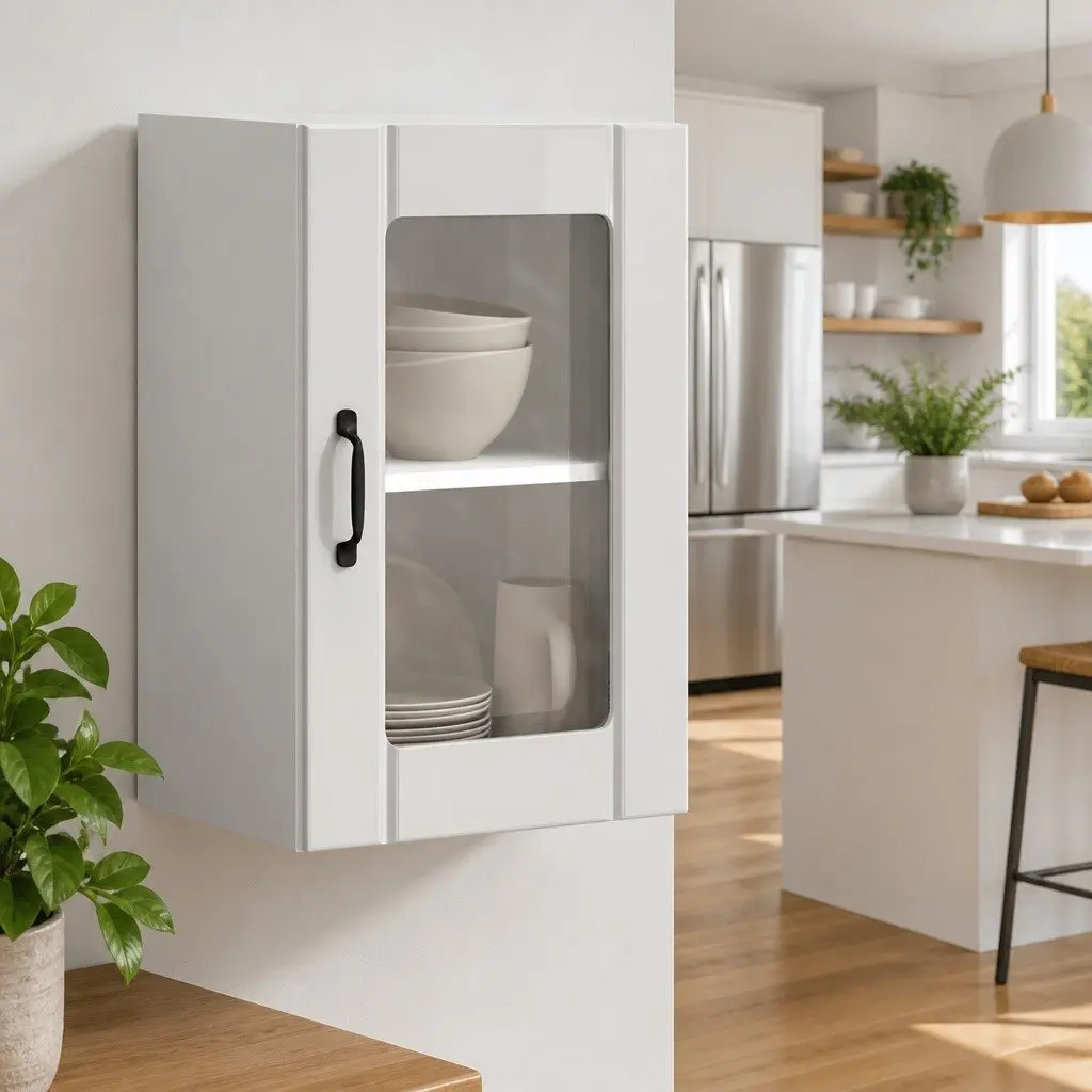 Kitchen Cabinet Engineered Wood Wall Mounted White High Gloss Glass Door