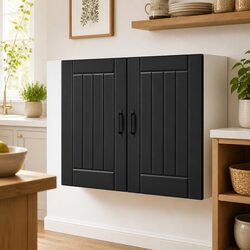 Black Engineered Wood Wall Cabinet with Glass Door