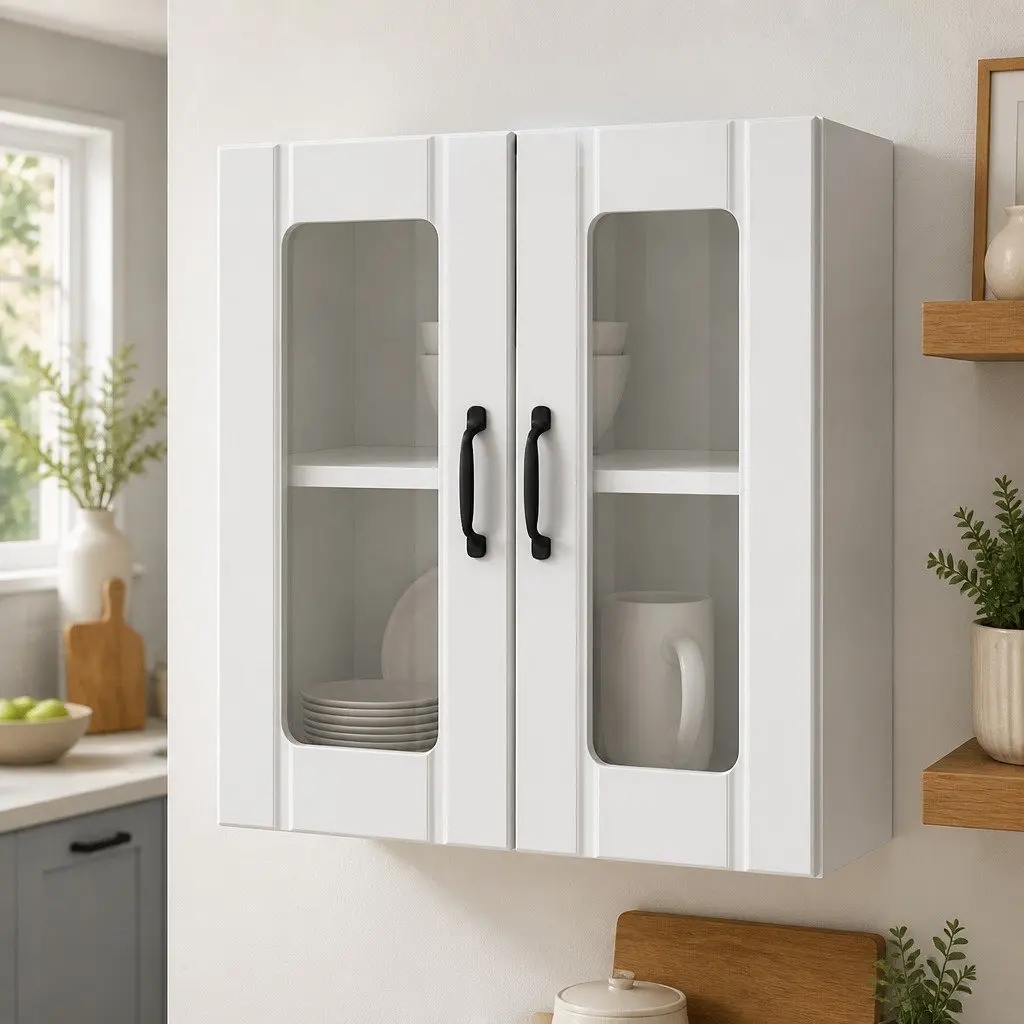Kitchen Cabinet Engineered Wood Wall-Mounted White Glass Door