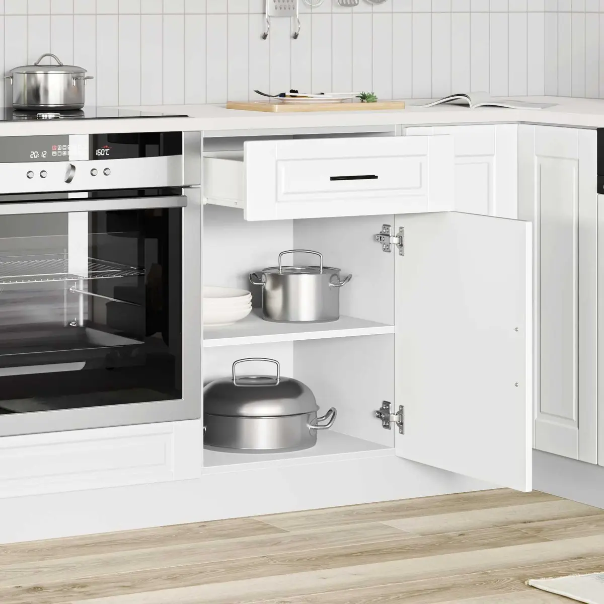 White Engineered Wood Kitchen Base Cabinet