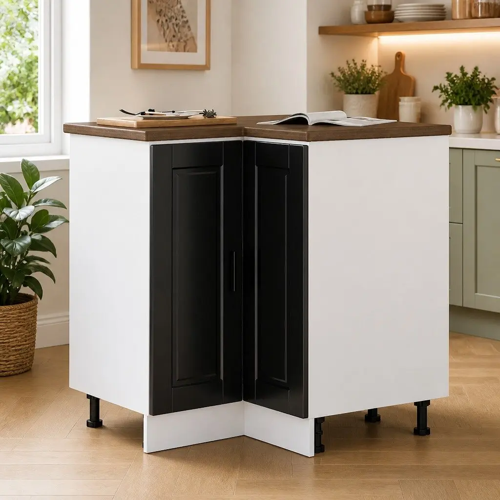 Black Engineered Wood Corner Base Cabinet