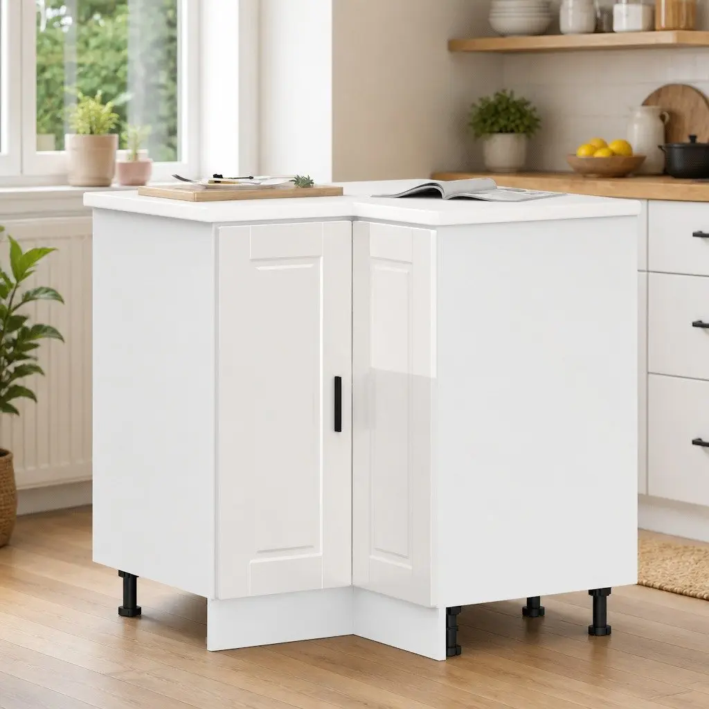 High Gloss White Corner Base Cabinet for Kitchen Storage