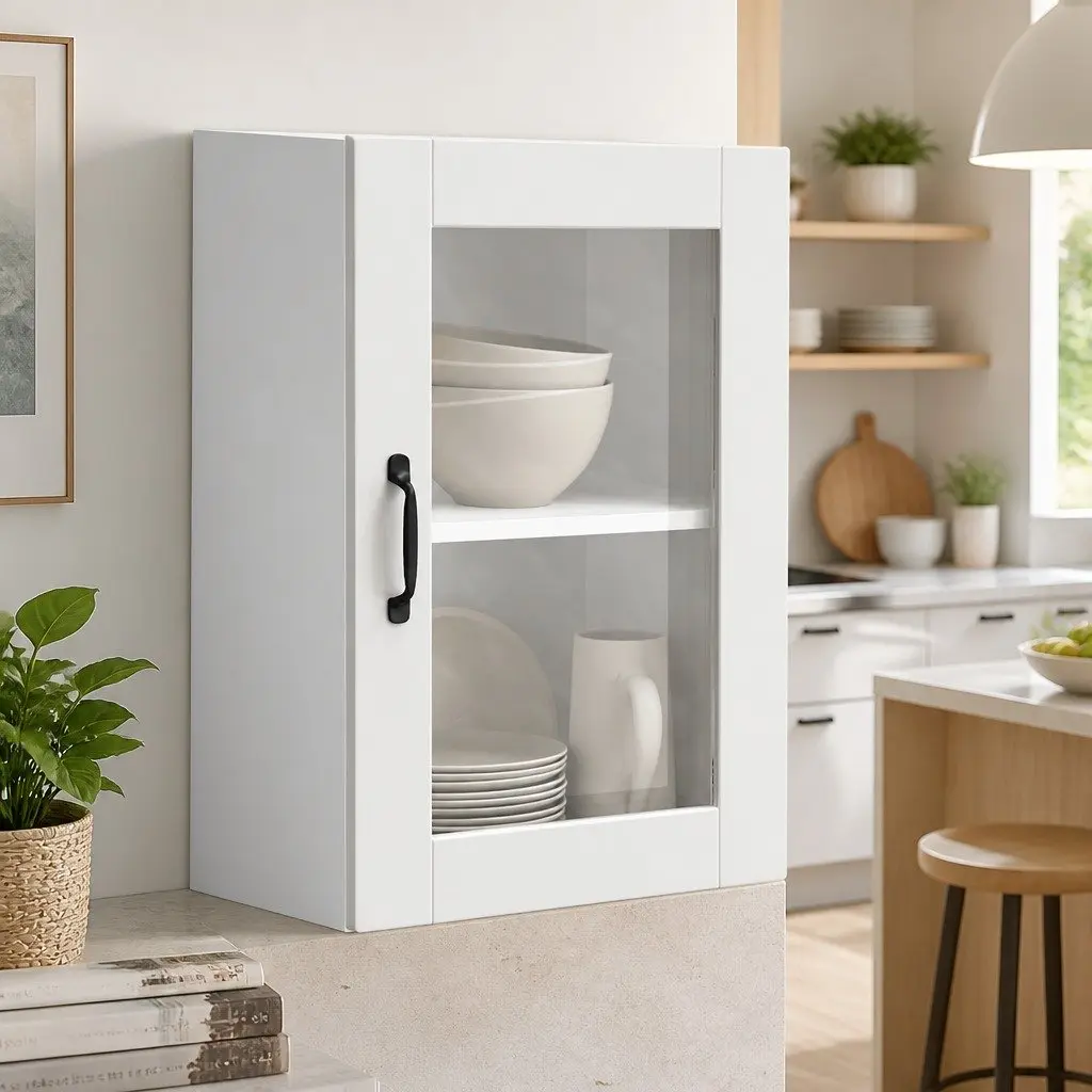 White Glass Door Kitchen Wall Cabinet for Storage