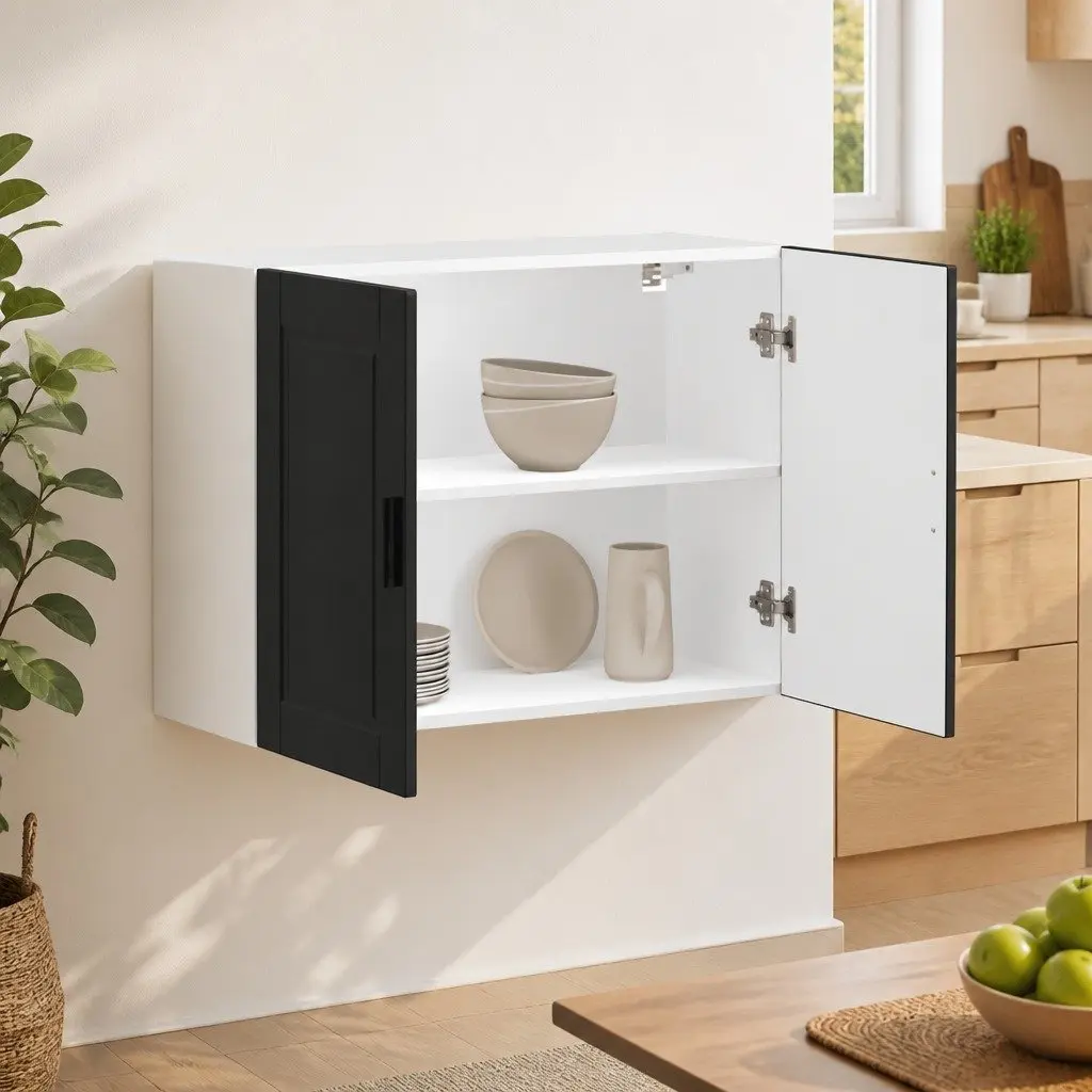 Black Engineered Wood Kitchen Wall Cabinet for Storage