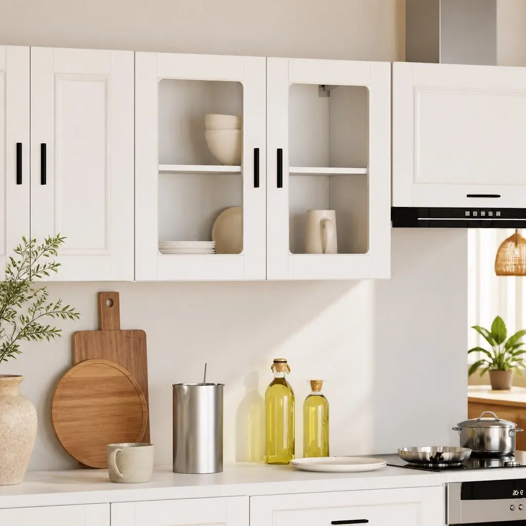 Kitchen Wall Cabinet Engineered Wood White Glass Door Mounted Storage Unit