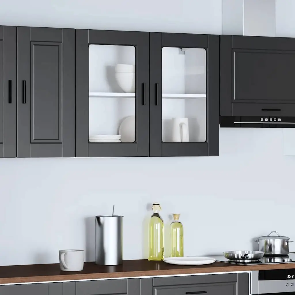 Black Wall-Mounted Kitchen Cabinet with Glass Door