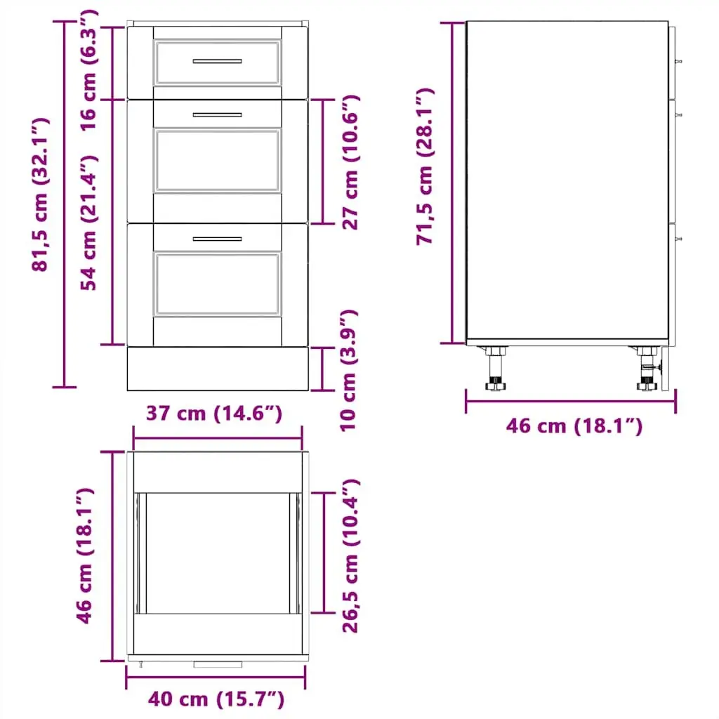 Black Engineered Wood Kitchen Base Cabinet with Adjustable Feet