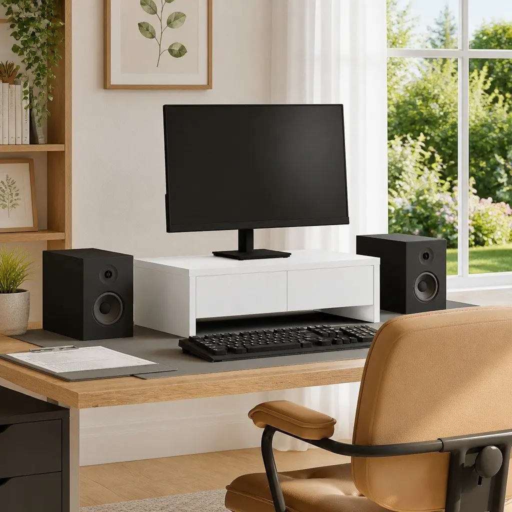 White Monitor Stand with 2 Drawers 50x27x15 cm