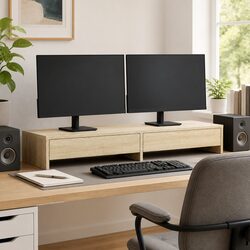 Sturdy Brown Engineered Wood Monitor Stand with Drawers