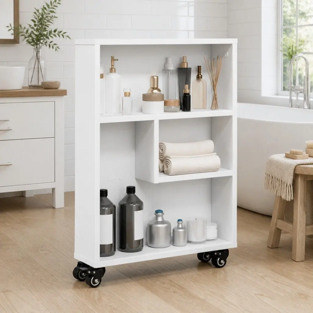 White Rolling Cart with Engineered Wood Shelving