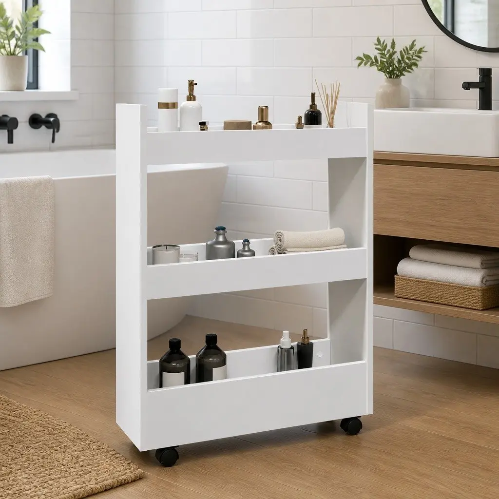 White Rolling Cart 3 Tier Narrow Storage Trolley