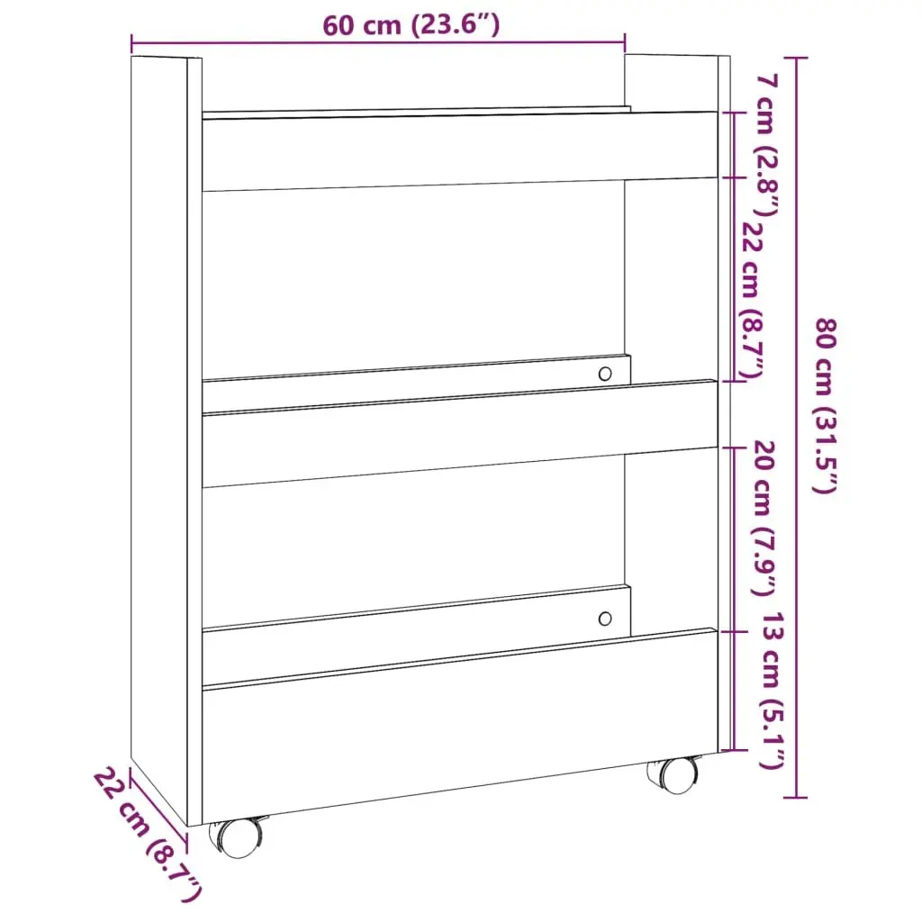White Rolling Cart 3 Tier Narrow Storage Trolley