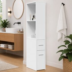 Durable Narrow Bathroom Storage Cabinet on Wheels in White