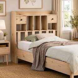 Stylish Freestanding Headboard with Storage - 90cm Brown Pine