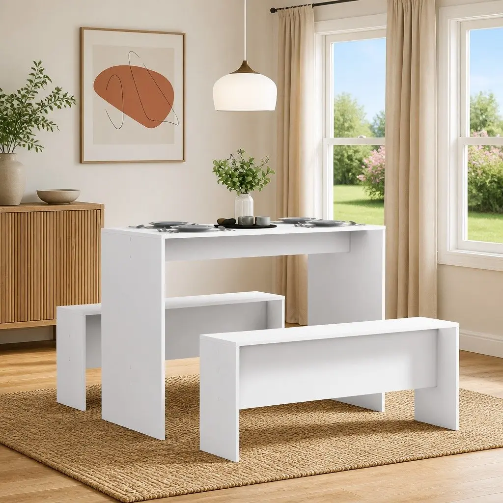 White Dining Table and Bench Set for Family Meals