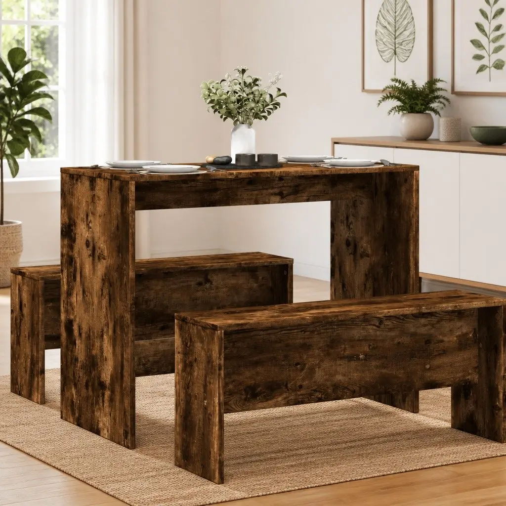 3-Piece Dining Table and Bench Set in Brown