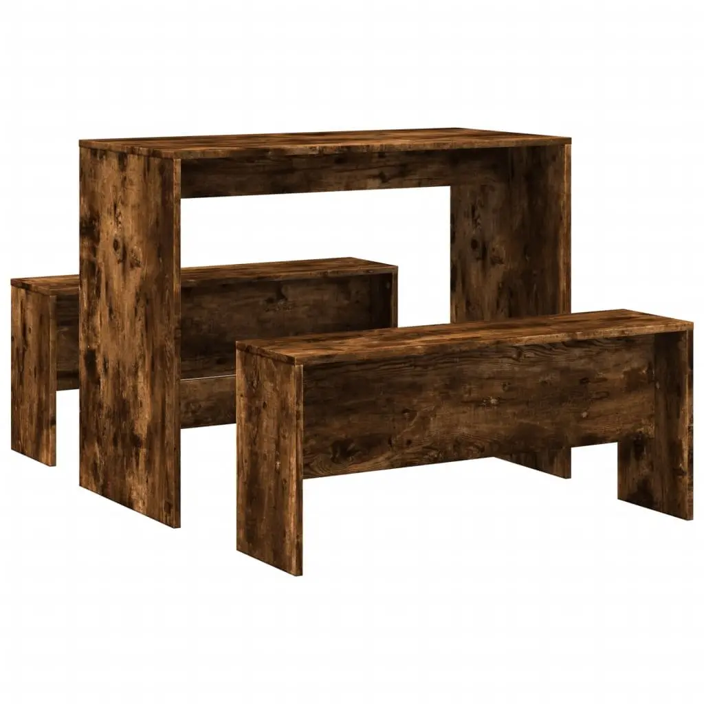 3-Piece Dining Table and Bench Set in Brown
