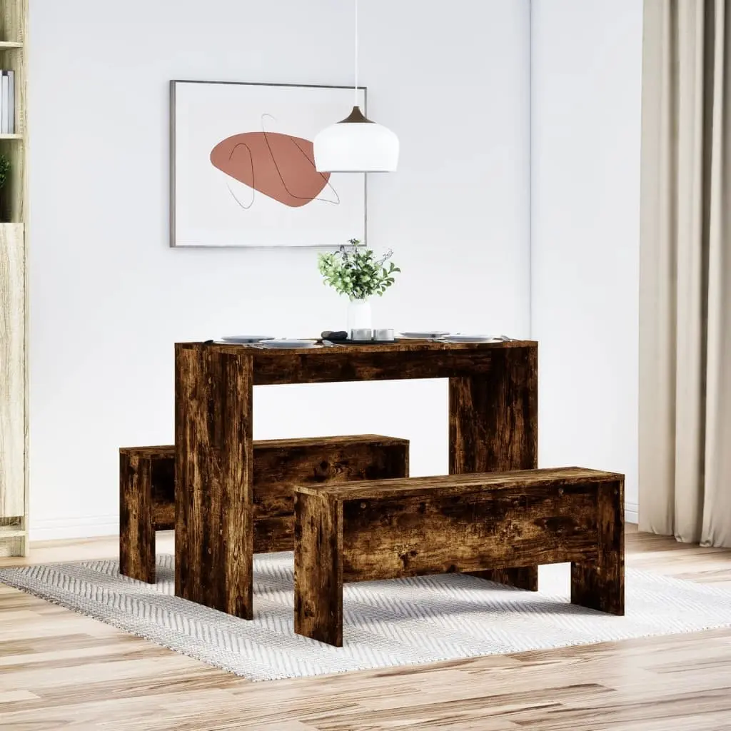 3-Piece Dining Table and Bench Set in Brown