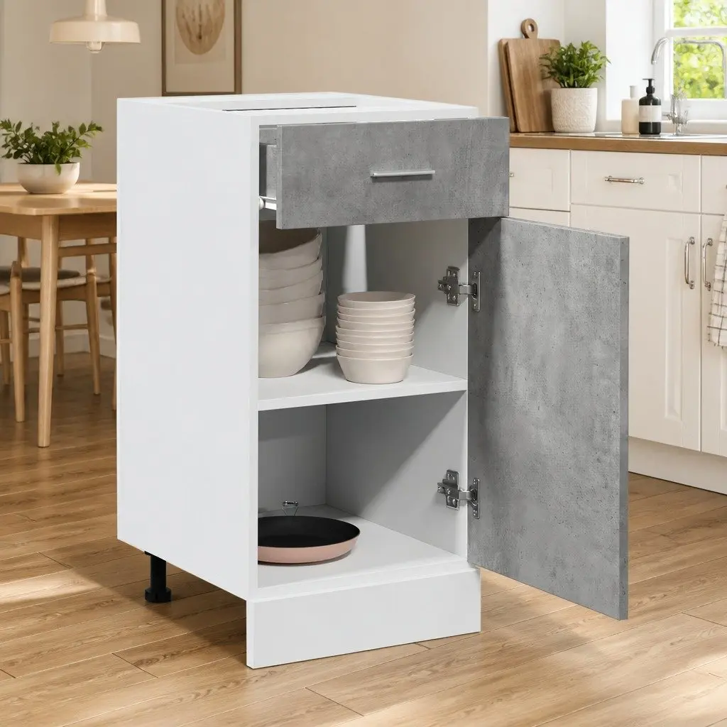 Grey Engineered Wood Kitchen Storage Cabinet with Drawer