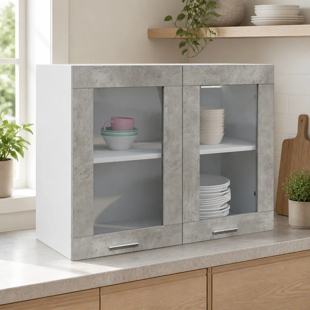 Wall-Mounted Glass Kitchen Cabinet in Grey