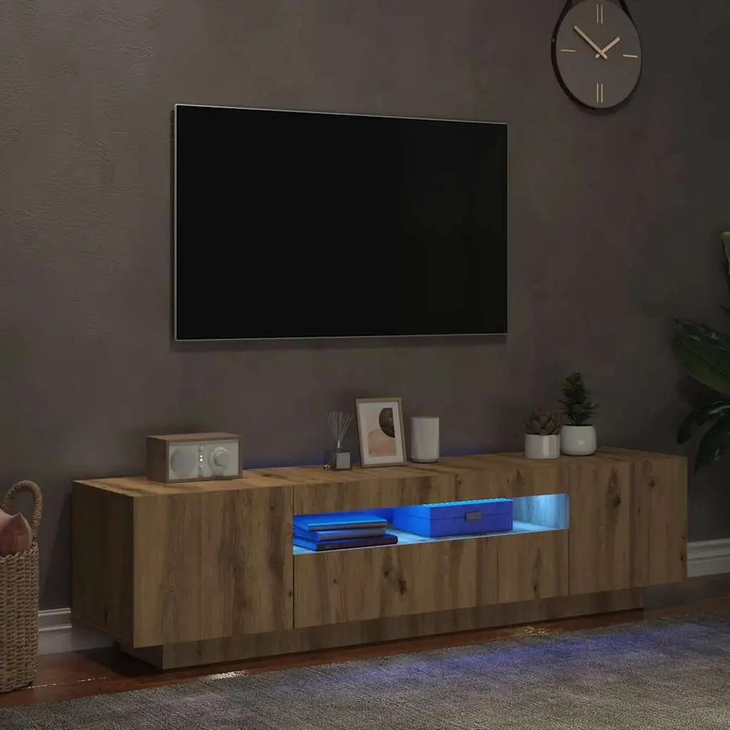 TV Cabinet Engineered Wood 160x35x40cm Brown RGB LED Lights Floating Stand Storage Unit