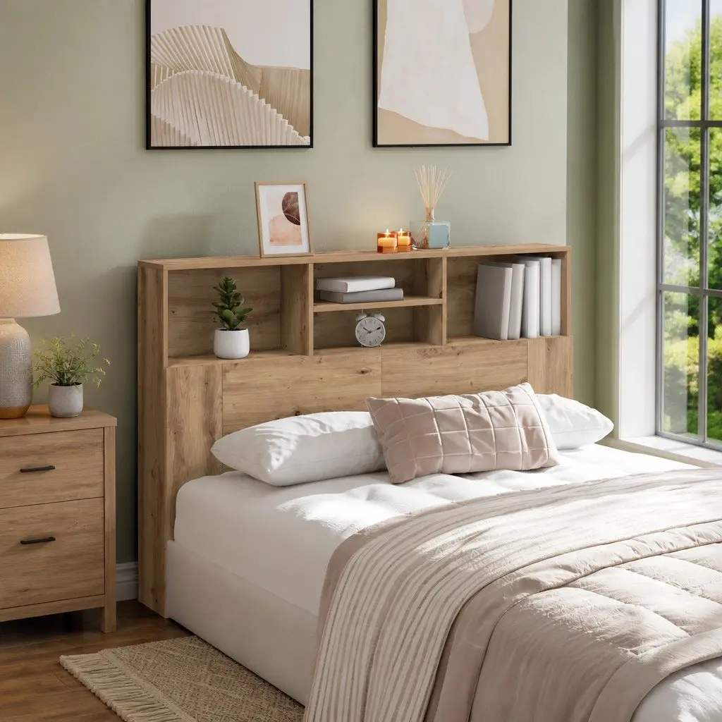 Brown Engineered Wood Wall-Mounted Headboard Cabinet