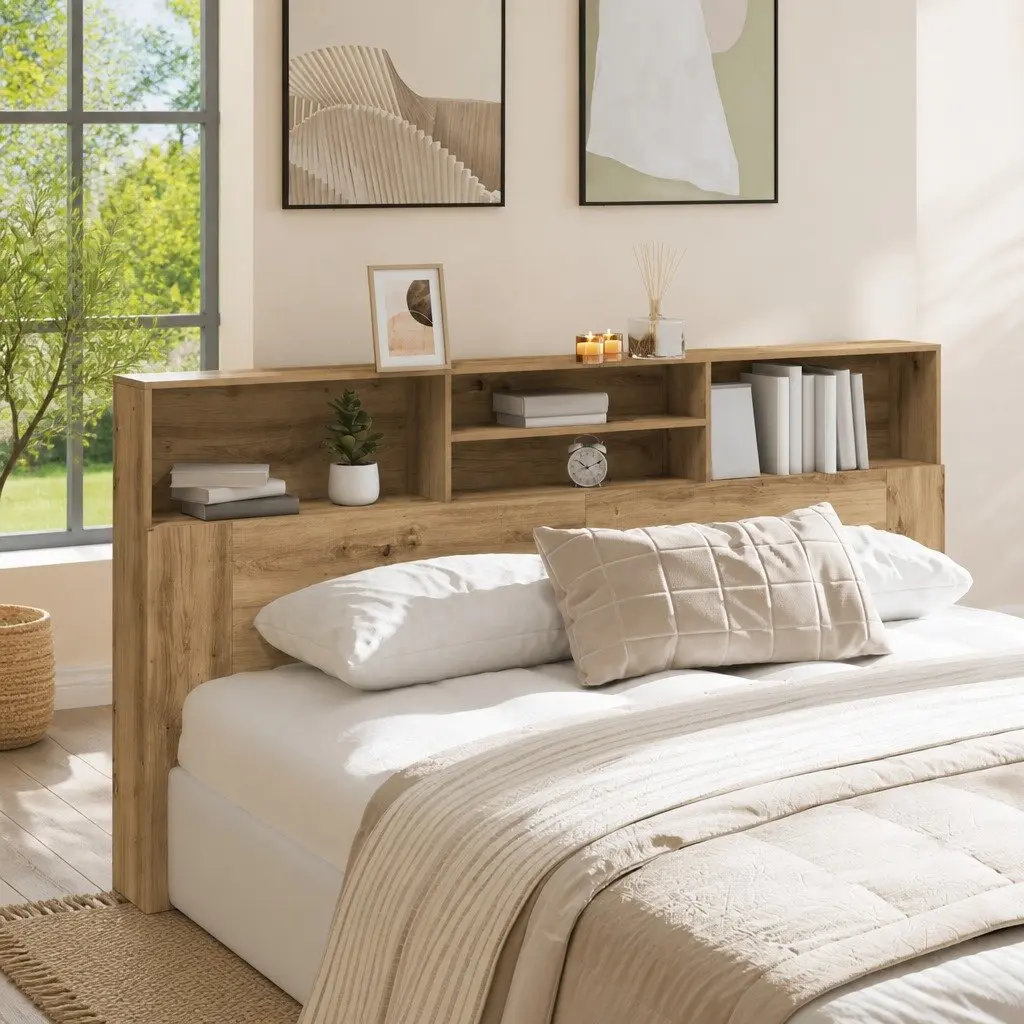 Brown Engineered Wood Headboard Cabinet for Bedroom Storage