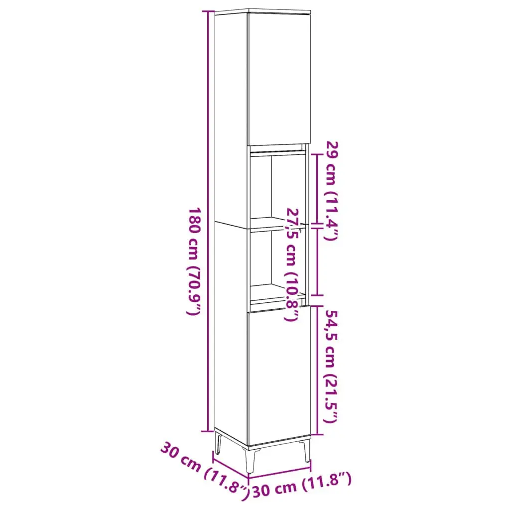 Bathroom Cabinet Engineered Wood 30x30x190cm Concrete Grey Tall Storage Unit 4 Doors 2 Shelves